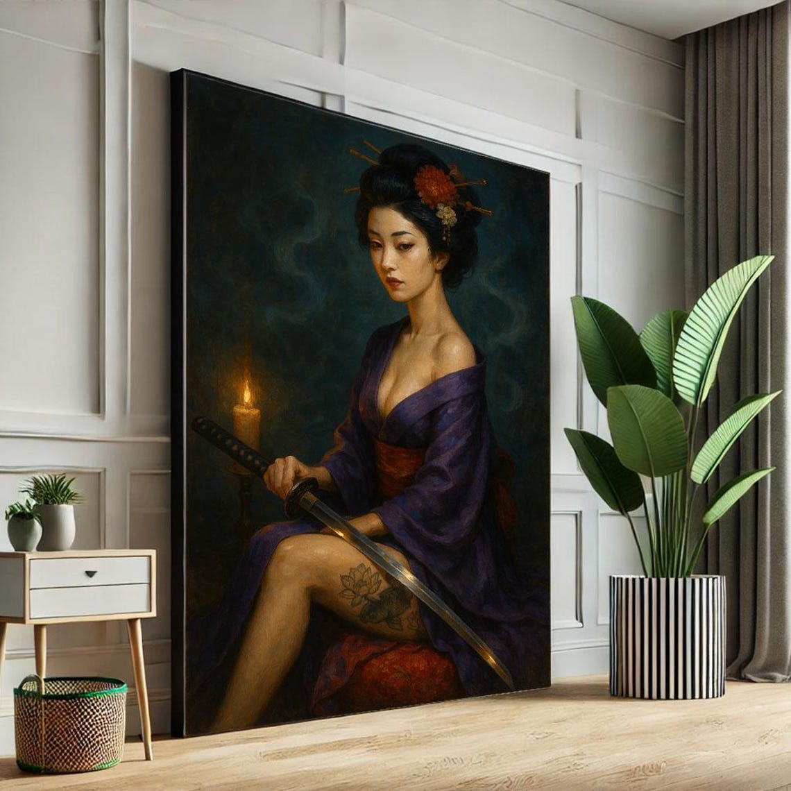 Seated Woman in Purple Kimono with Katana Candlelit Art Poster