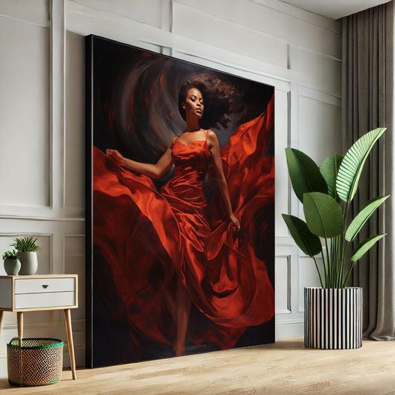 Elegant Woman In Red Dress Canvas Wall Art Print Modern Living Room Decor Statement Piece