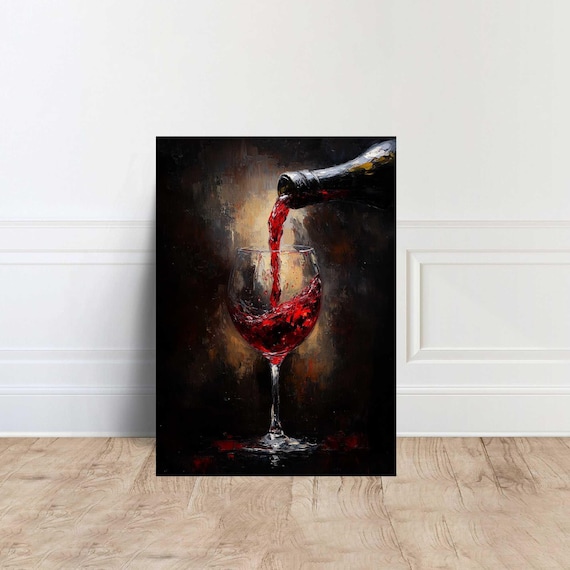 Red Wine Pouring From Bottle Into Glass Dark Painterly Bar Art Poster