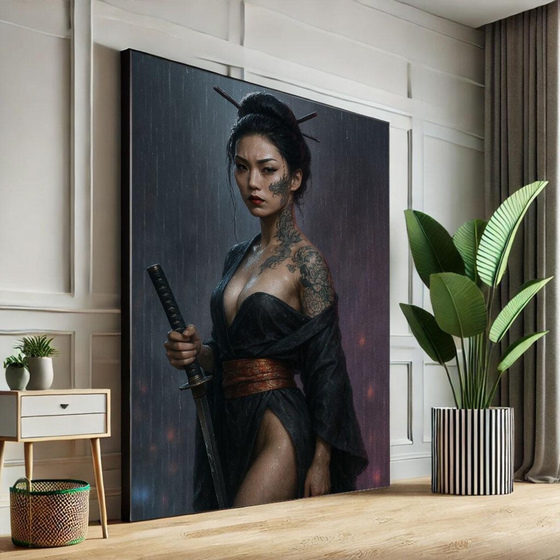 Tattooed Woman in Black Kimono with Katana Standing in Rain Poster