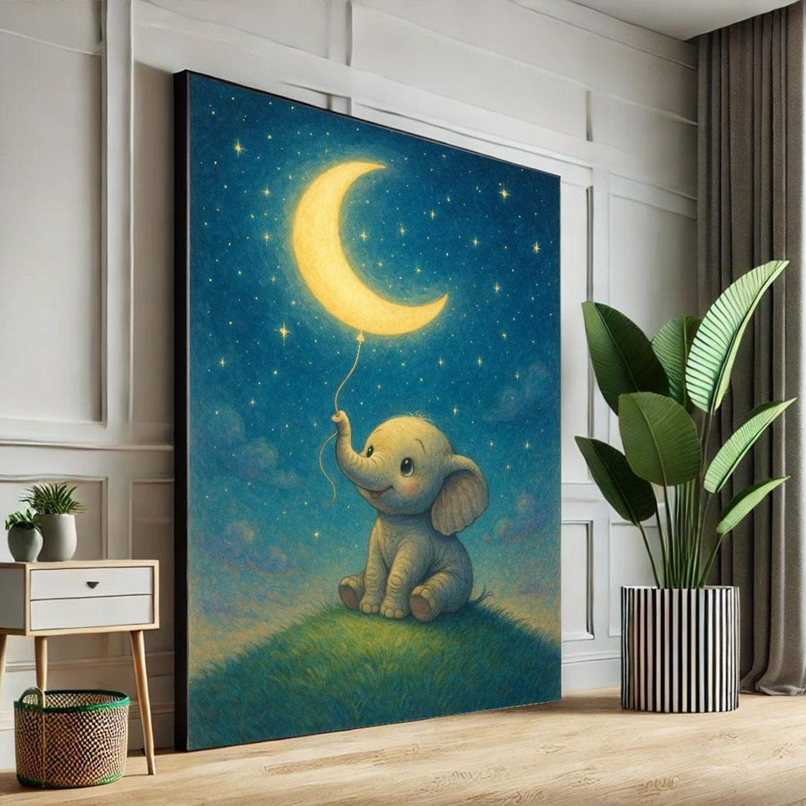 Whimsical Baby Elephant With Moon Canvas Wall Art Print Dreamy Nursery Decor Ready To Hang