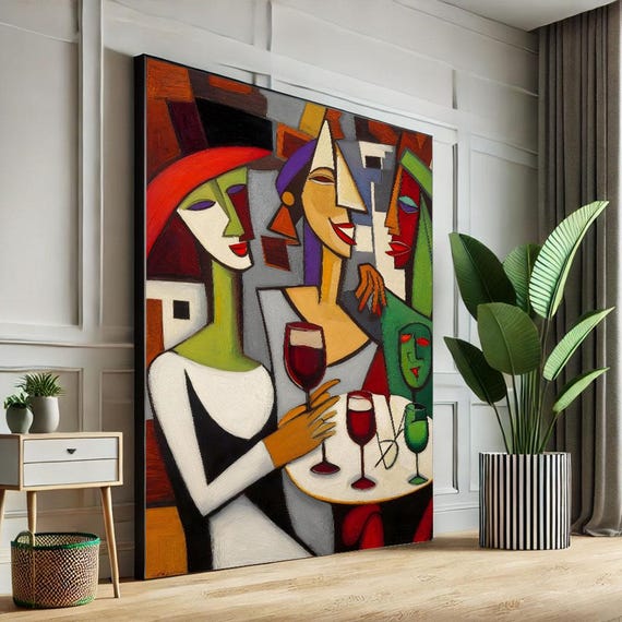 Colorful Cubist Wine Tasting Scene Art Print