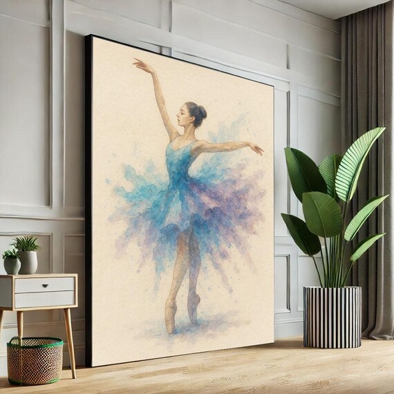 Graceful Ballerina Watercolor Canvas Wall Art Print Blue And Purple Bedroom Decor Ready To Hang Masterpiece