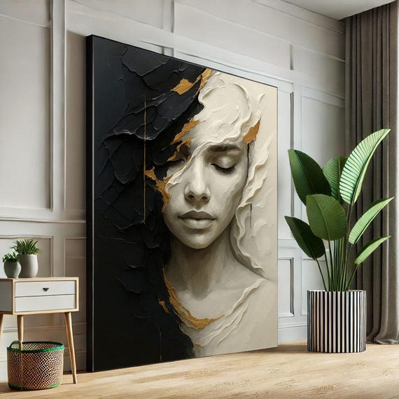 Modern Abstract Woman Portrait Art Print, Black Gold