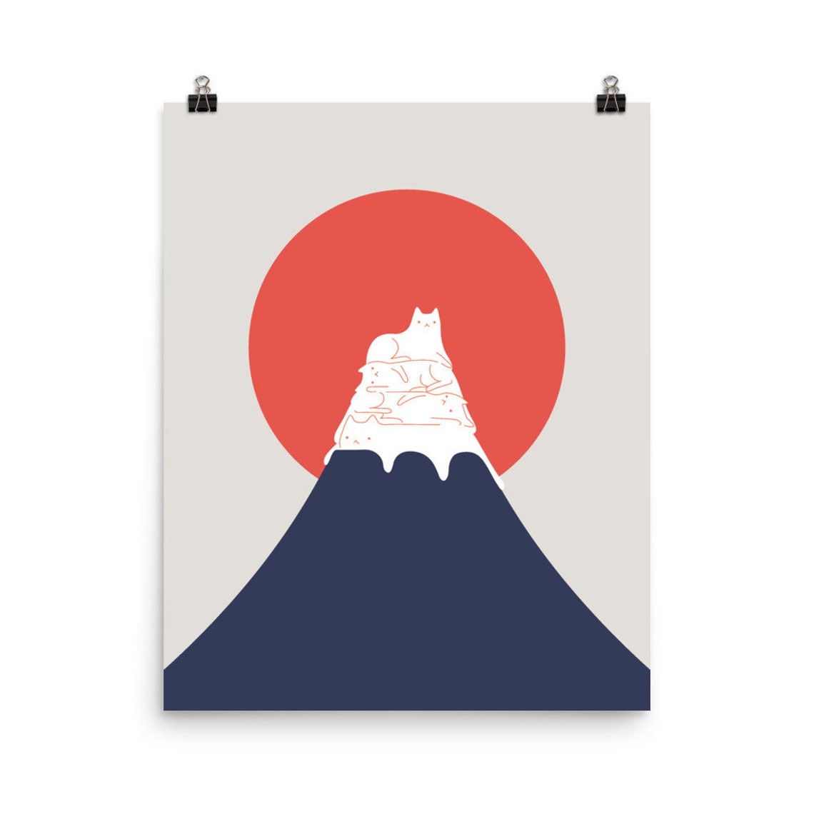 White Cat Resting on Mount Fuji Red Sun Minimalist Japan Poster