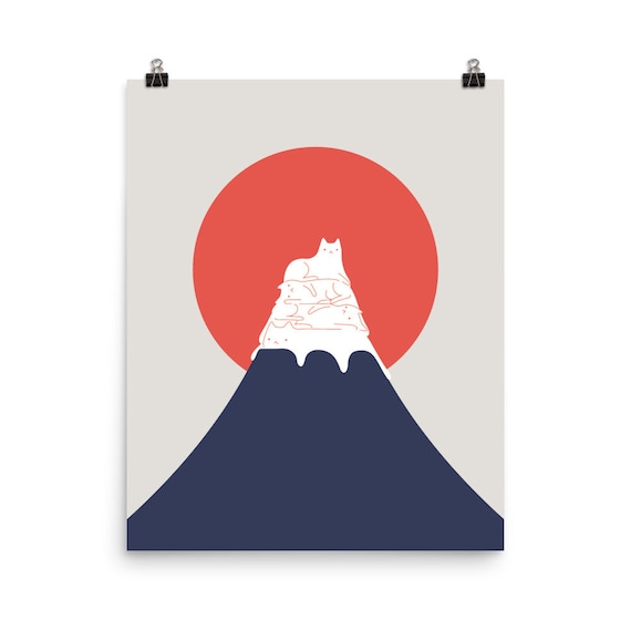 White Cat Resting on Mount Fuji Red Sun Minimalist Japan Poster