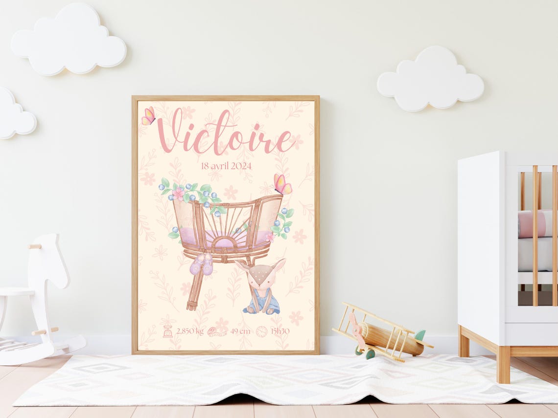 Personalized Rattan Cradle Fawn Watercolor Baby Birth Keepsake Poster