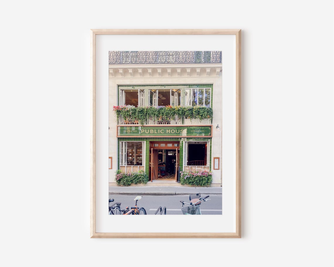Paris Public House Poster of a Charming Green Tiled Brasserie Facade