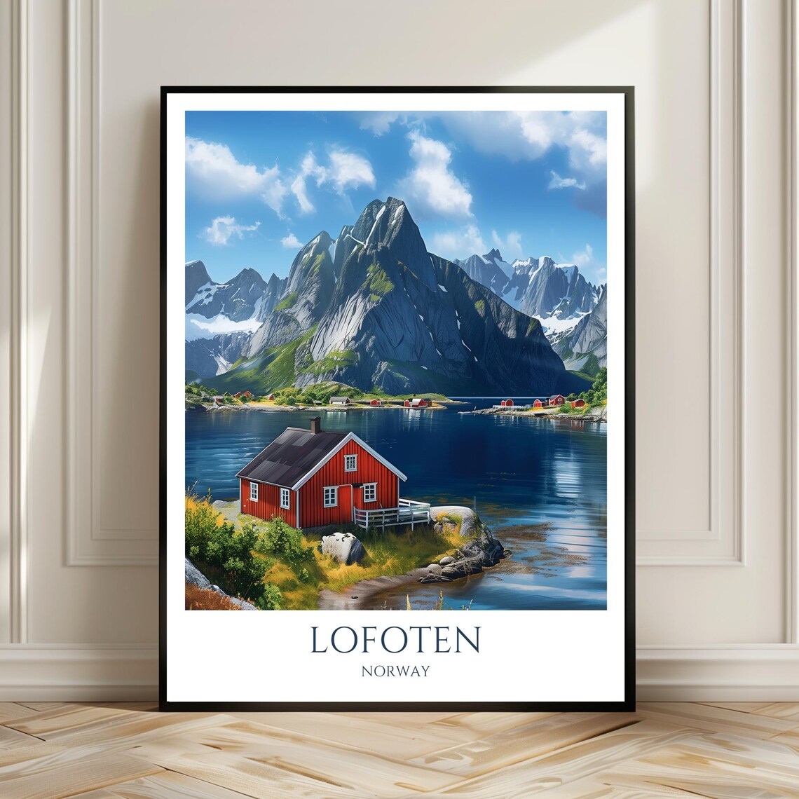 Lofoten Red Fishing Cabin Fjord Peaks Norway Arctic Travel Poster