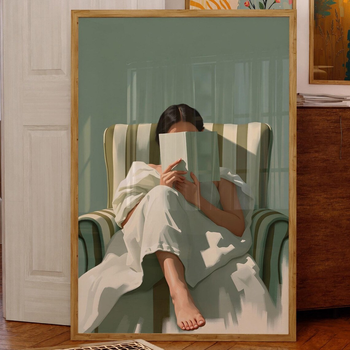Woman Reading In A Striped Armchair Sage Green Minimalist Art Poster - Image 2