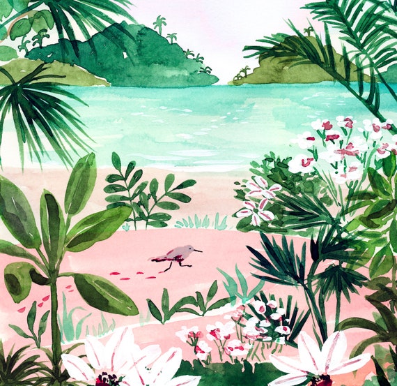 Instant Print Beach Art Print Tropical Ocean Botanical Illustration Lush Watercolor Painting Seaside Wall Art Bathroom Art