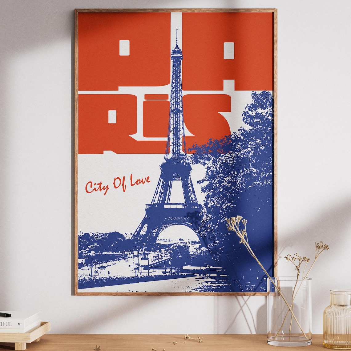 Paris Eiffel Tower City Of Love Retro Red Blue Typography Poster