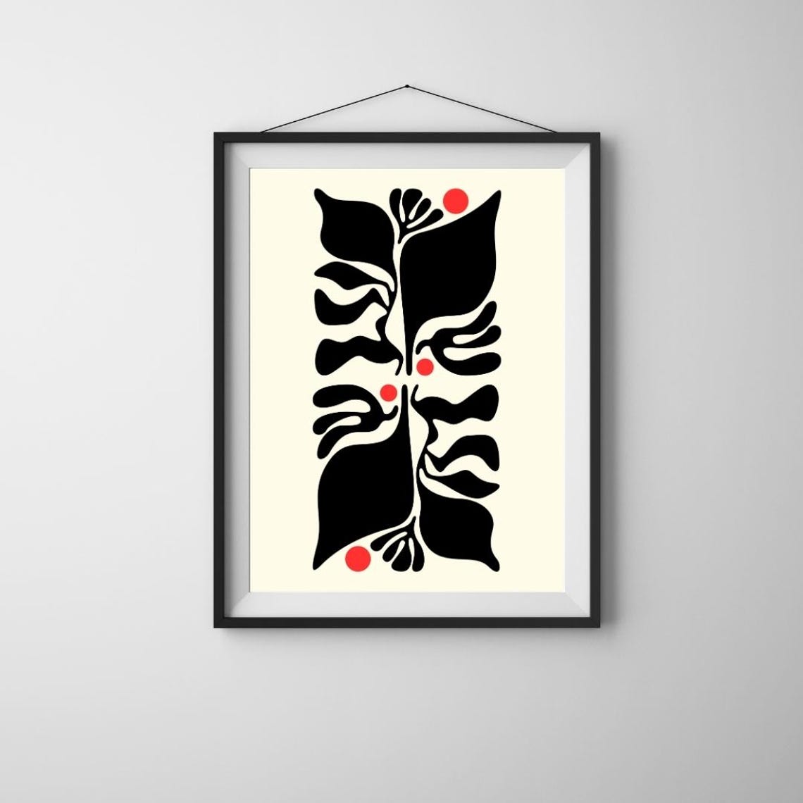 Black Abstract Botanical Leaves Red Dots Bold Minimalist Wall Poster
