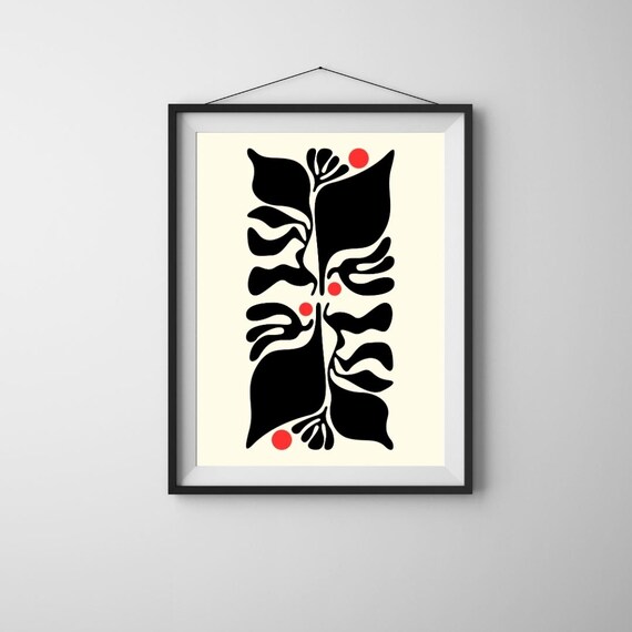 Red And Black Abstract Floral Print Minimalist Modern Wall Art