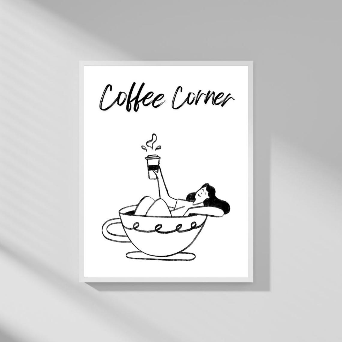Coffee Corner Woman Relaxing in Giant Coffee Cup Line Art Poster