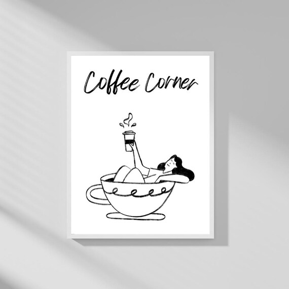 Coffee Corner Woman Relaxing in Giant Coffee Cup Line Art Poster