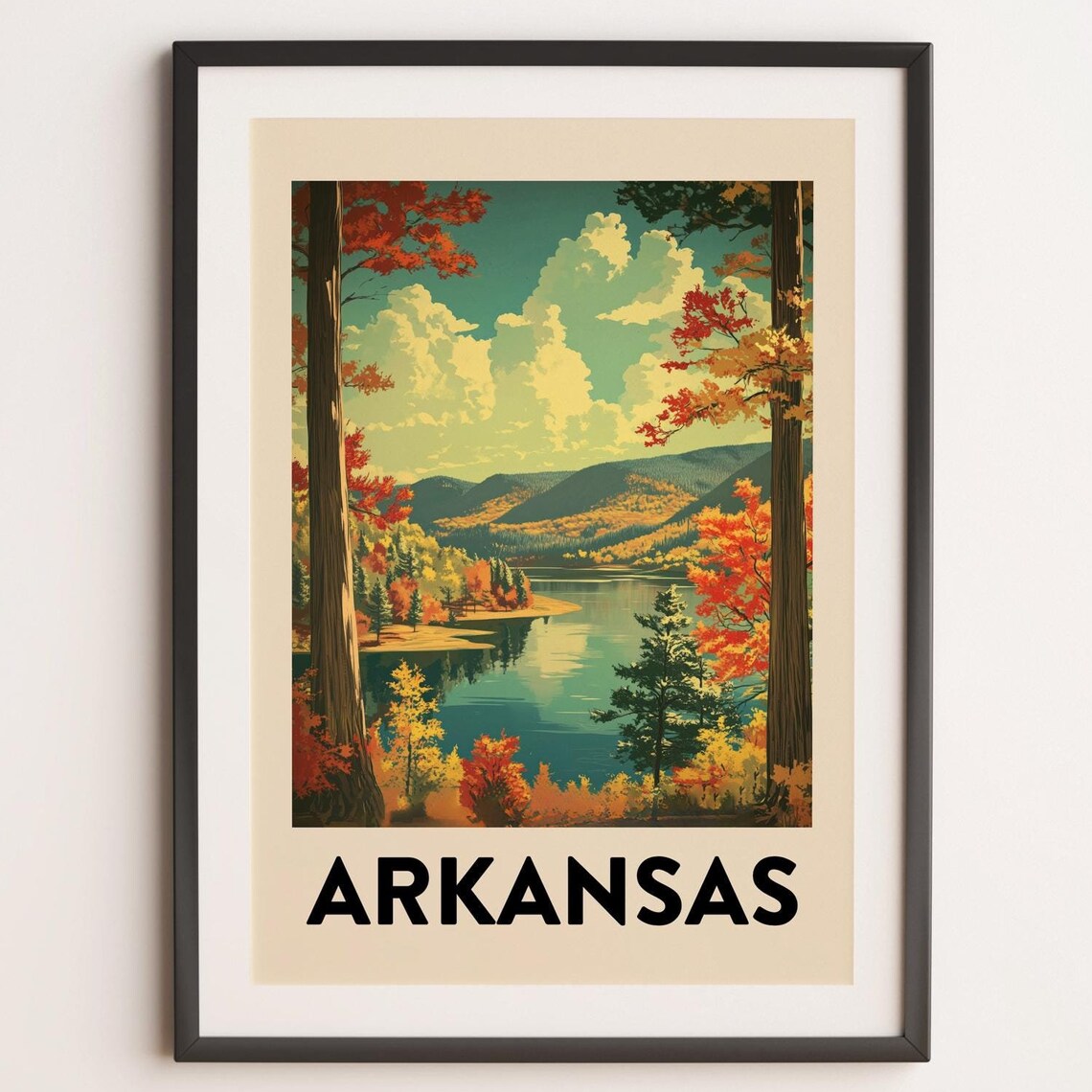 Vintage Arkansas Autumn Lake Mountains Retro Travel Destination Poster