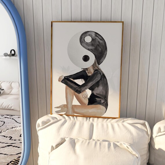 Yin Yang Girl Black Swimsuit Watercolor Coastal Wall Decor Poster