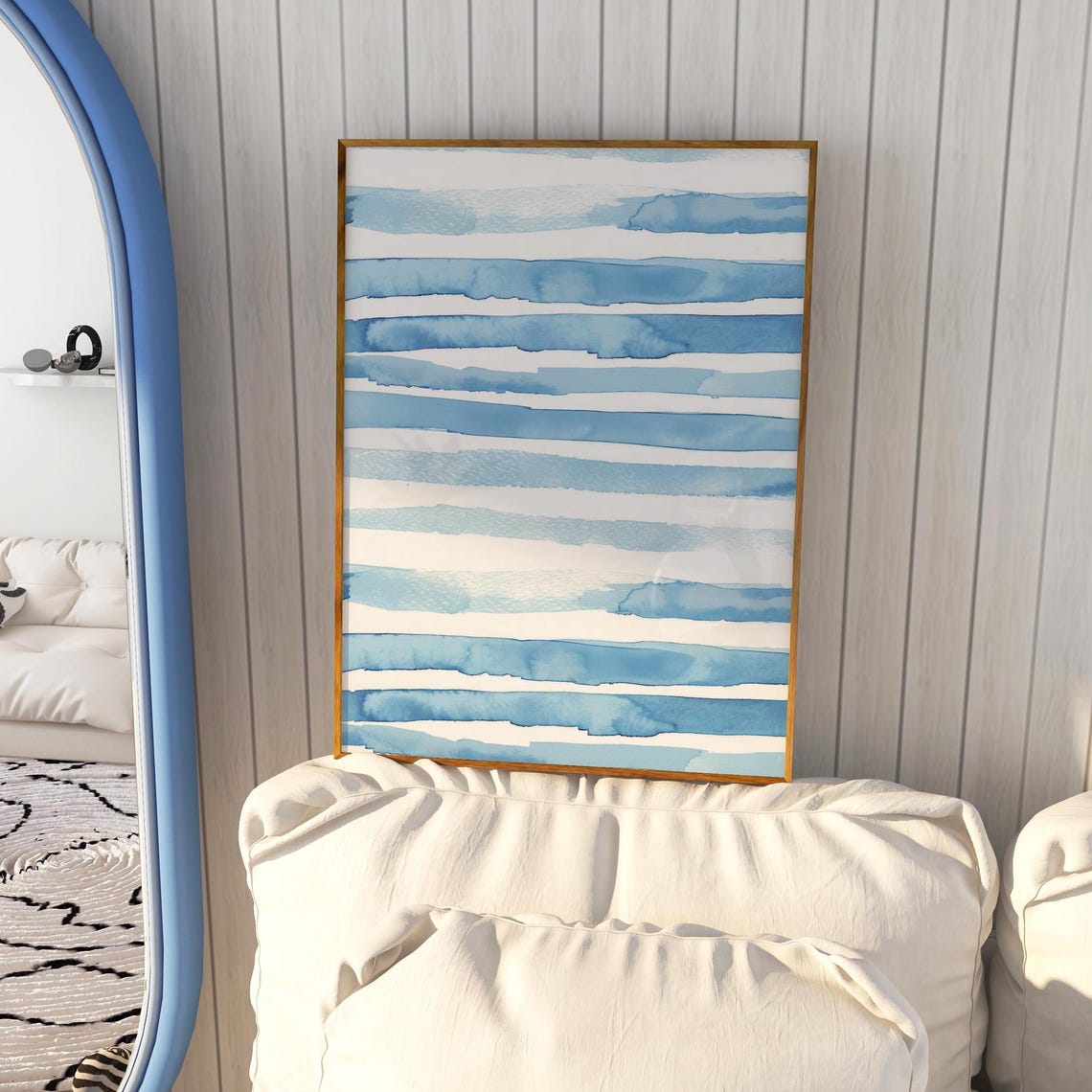 Blue Horizontal Watercolor Brush Lines Abstract Coastal Art Poster