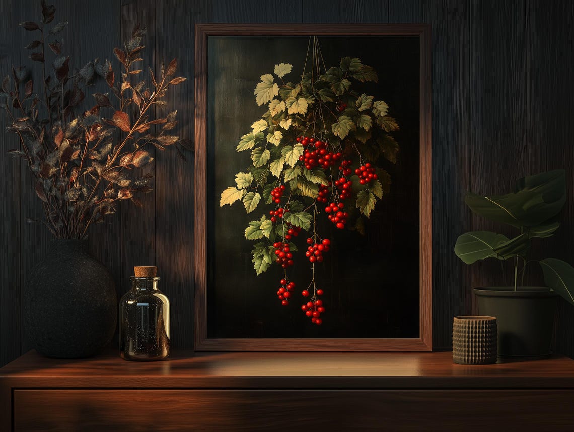 Vivid Hanging Red Currants Botanical Branch on Dark Art Poster - Image 5