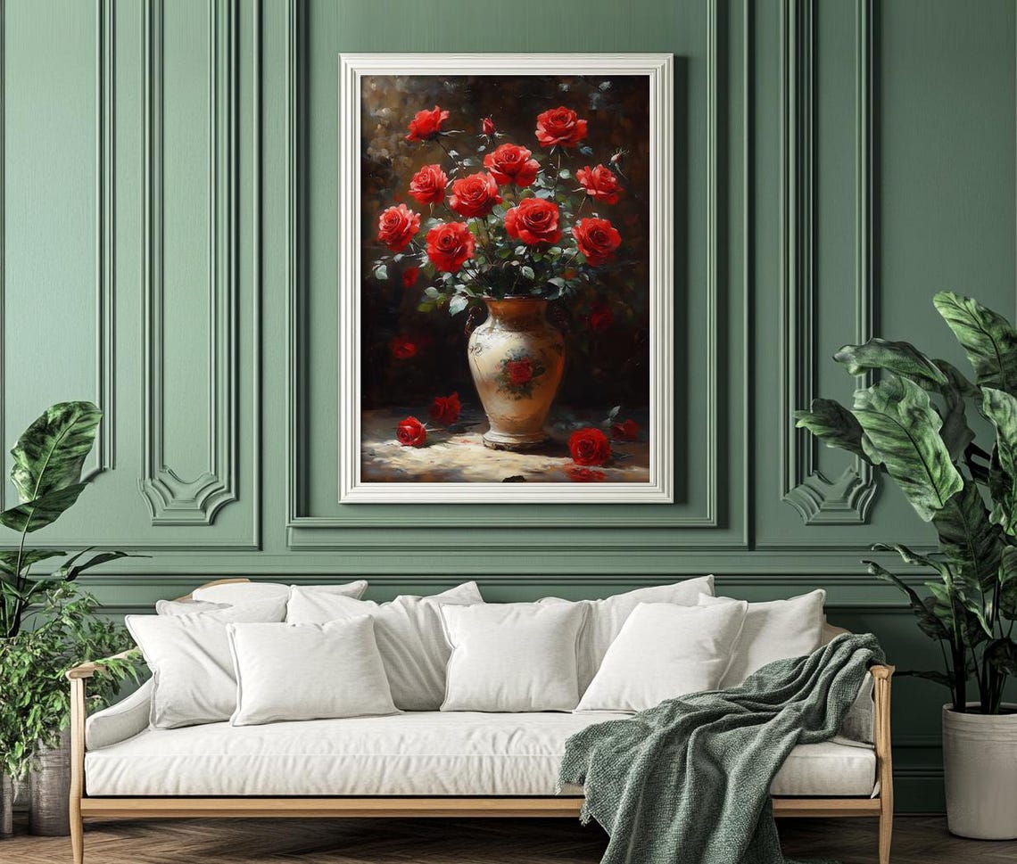 Dramatic Red Roses Bouquet in an Ornate Decorative Vase Poster