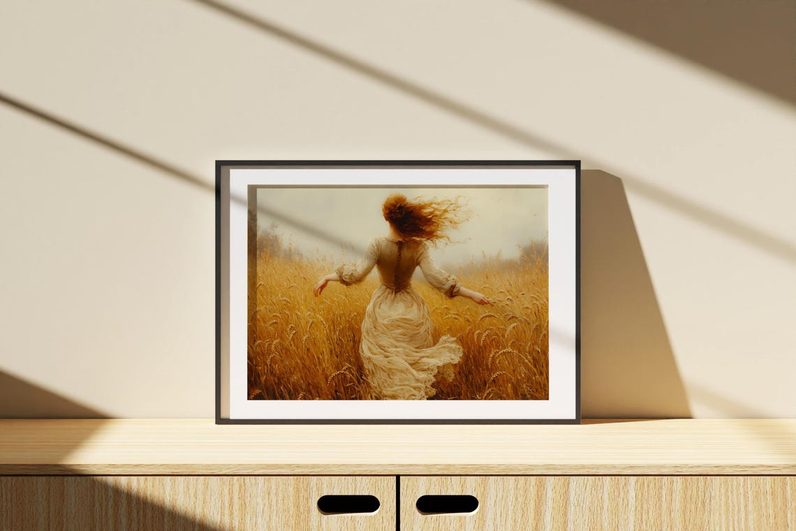 Red Haired Woman Running Through Golden Wheat Field Painting Poster - Image 2
