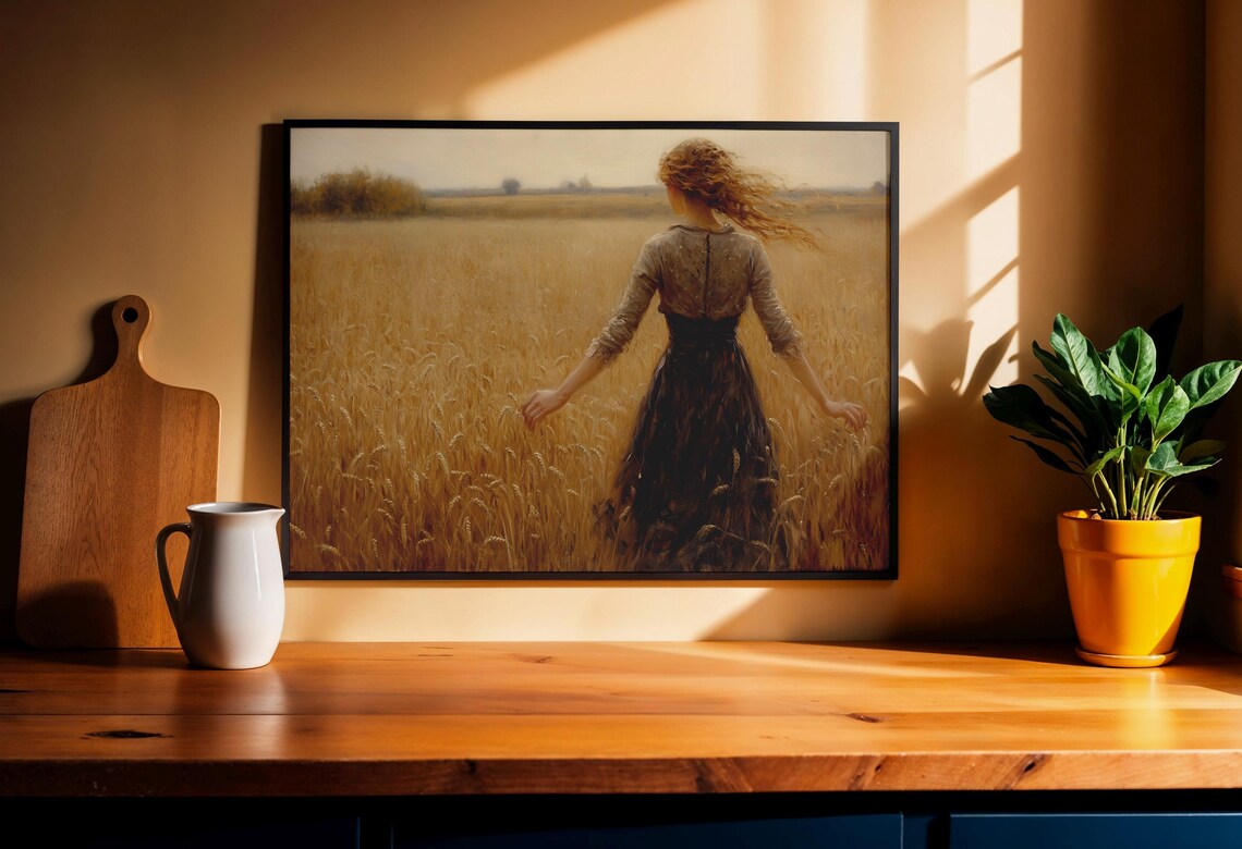 Woman In Dark Dress Amid Golden Wheat Field Windswept Vintage Art Poster - Image 6