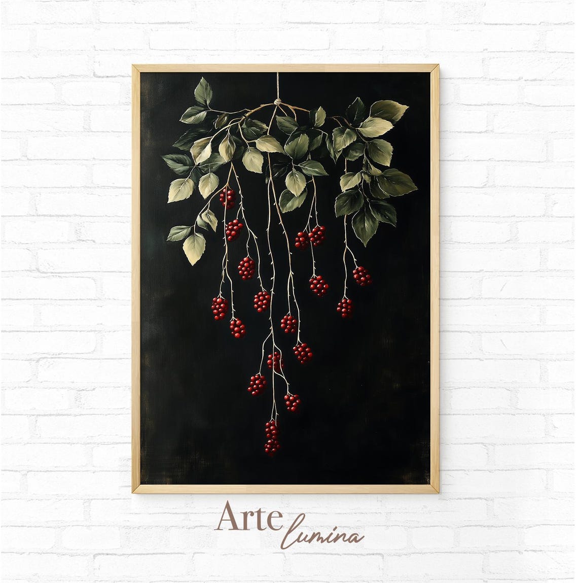 Cascading Dark Red Berries Botanical Branch Moody Art Poster