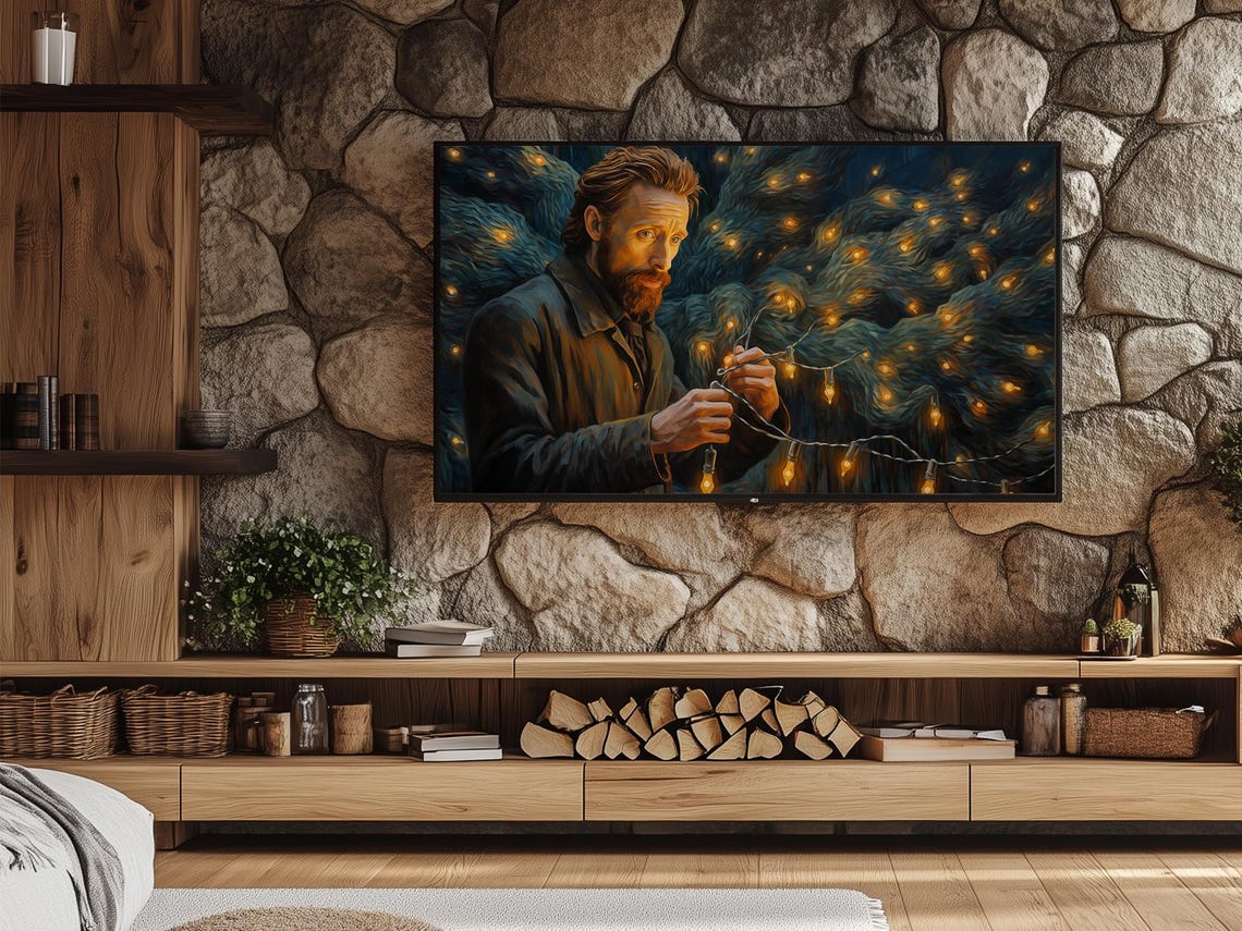 Father Hanging Christmas Lights on the Tree Holiday Art Poster - Image 6