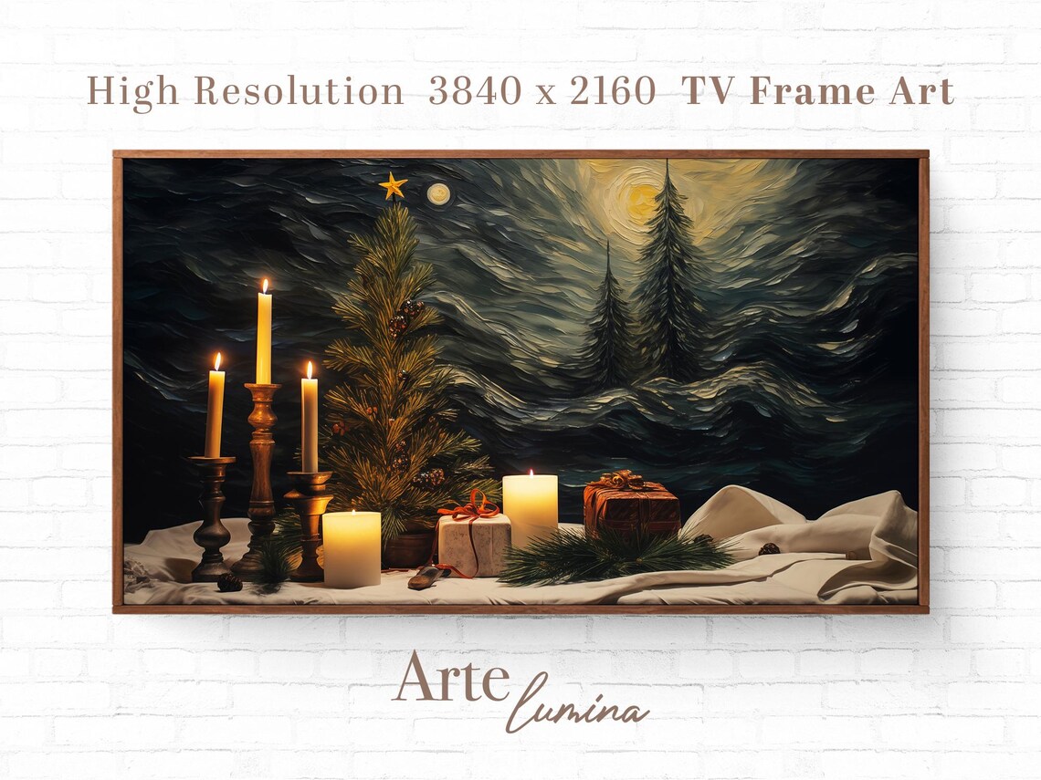 Christmas Tree With Gold Baubles Candles And Gifts By Dark Window Poster