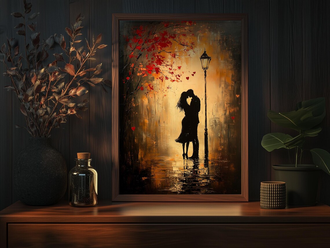 Romantic Kiss Under a Glowing Rainy Streetlamp Vintage Poster - Image 3