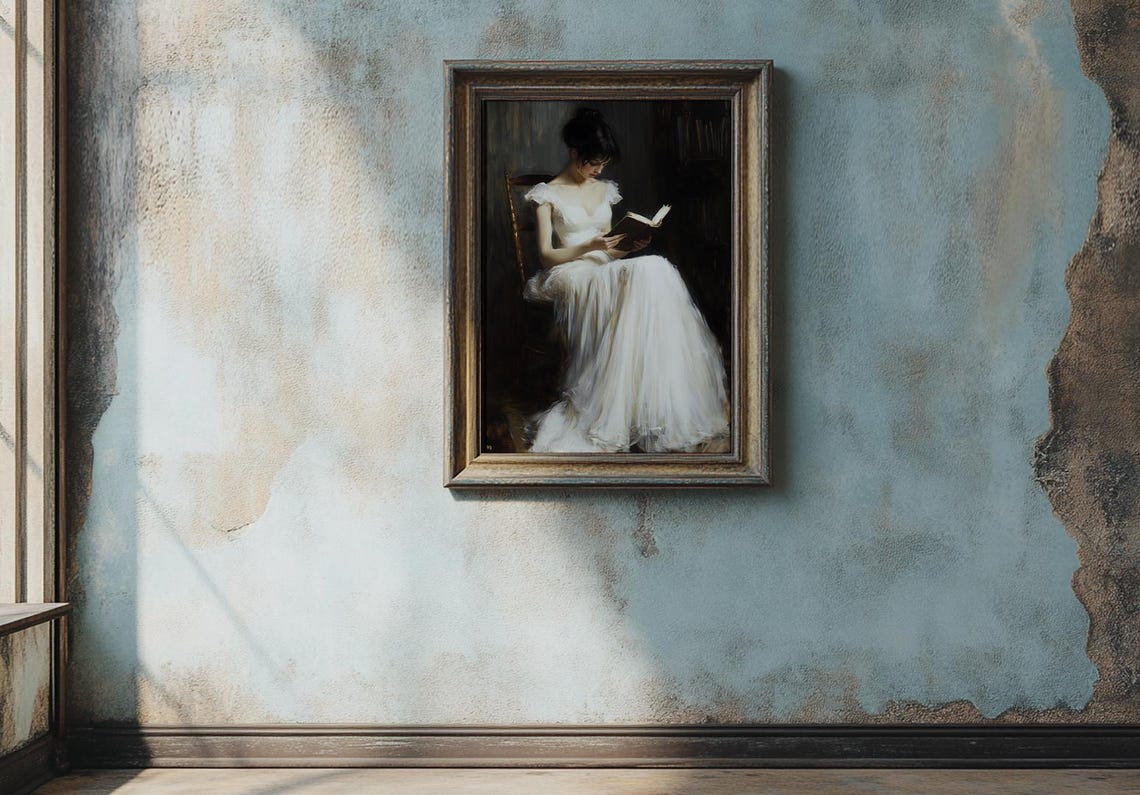Graceful Woman Reading a Book in a Flowing White Gown Art Poster - Image 3
