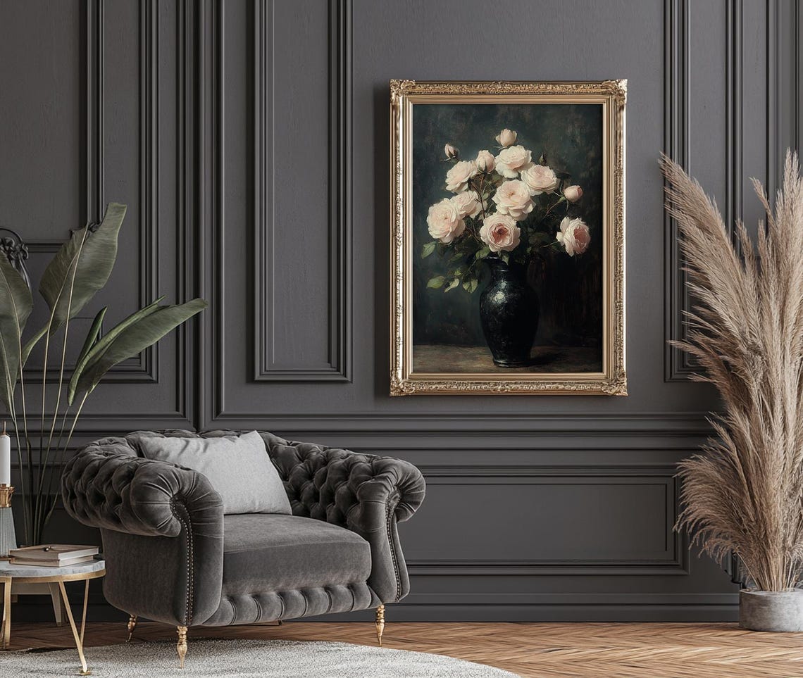 Pale Blush Roses in a Dark Vase Moody Floral Still Life Poster - Image 4