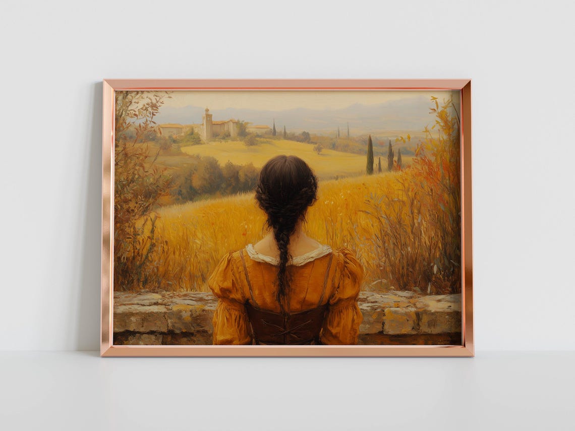 Woman in Amber Dress Overlooking Golden Tuscan Hillside Poster - Image 4
