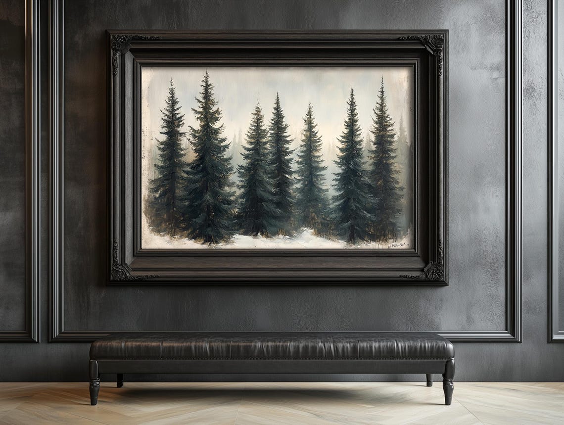 Seven Snowy Pine Trees In Winter Mist Minimalist Vintage Forest Poster - Image 2