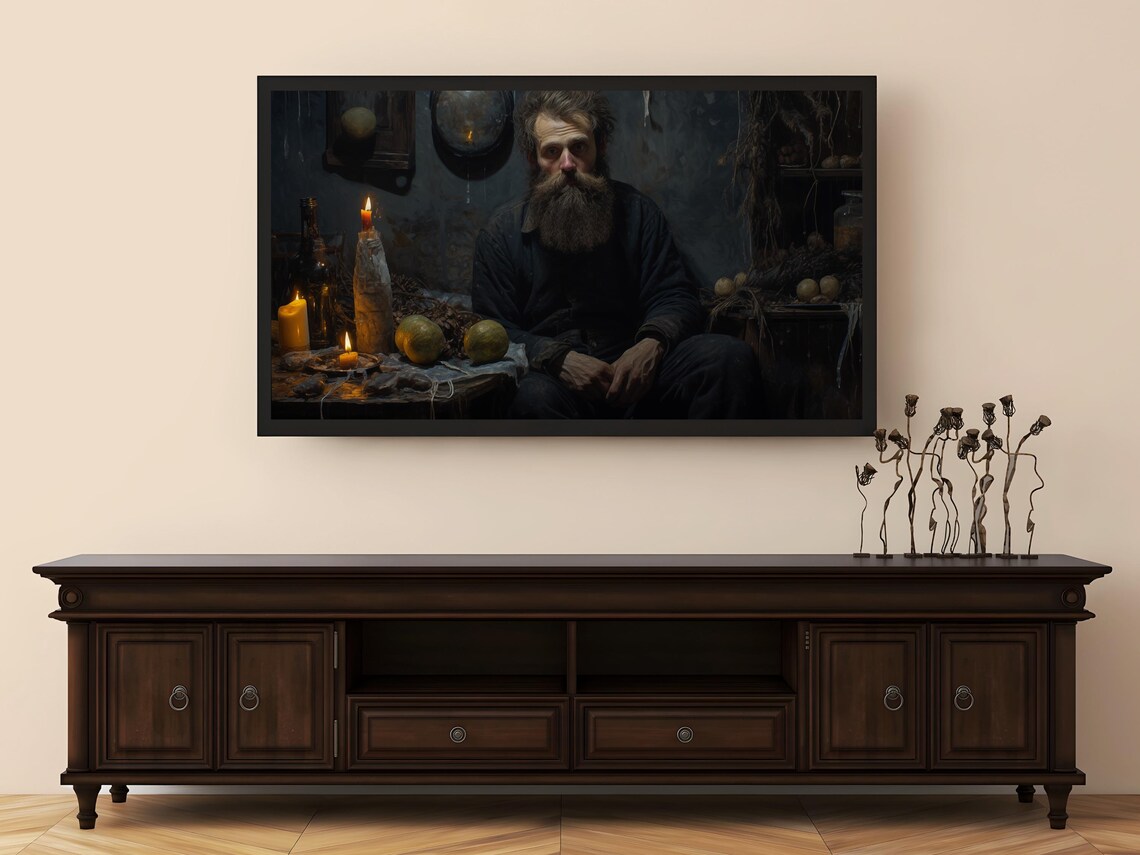 Bearded Man By Candlelight In Dark Rustic Room Moody Oil Painting Poster - Image 7