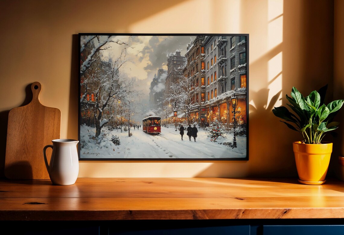 Snowy City Street with a Red Tram at Dusk Winter Painting Poster - Image 3