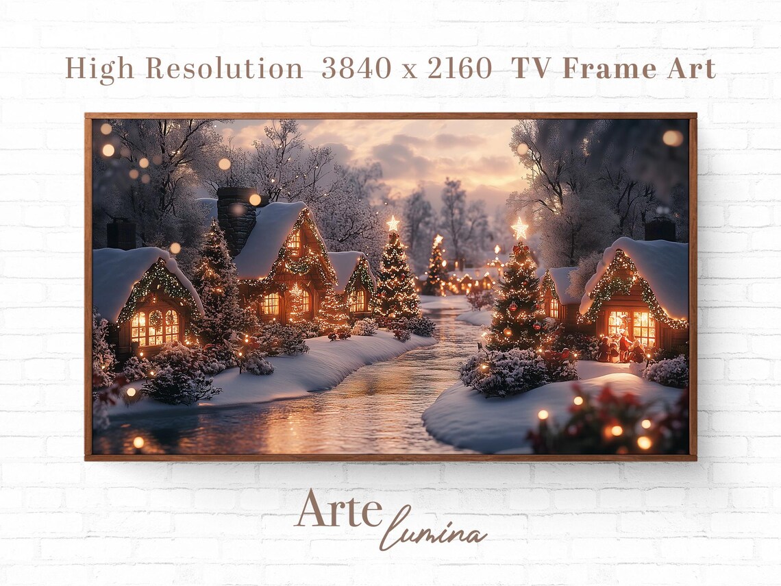 Snowy Christmas Village Cottages Along Frozen Canal At Dusk Art Poster