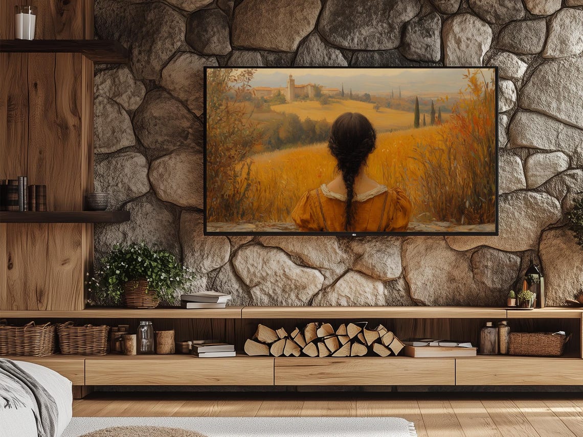 Girl Overlooking Golden Countryside With Distant Village Poster - Image 3