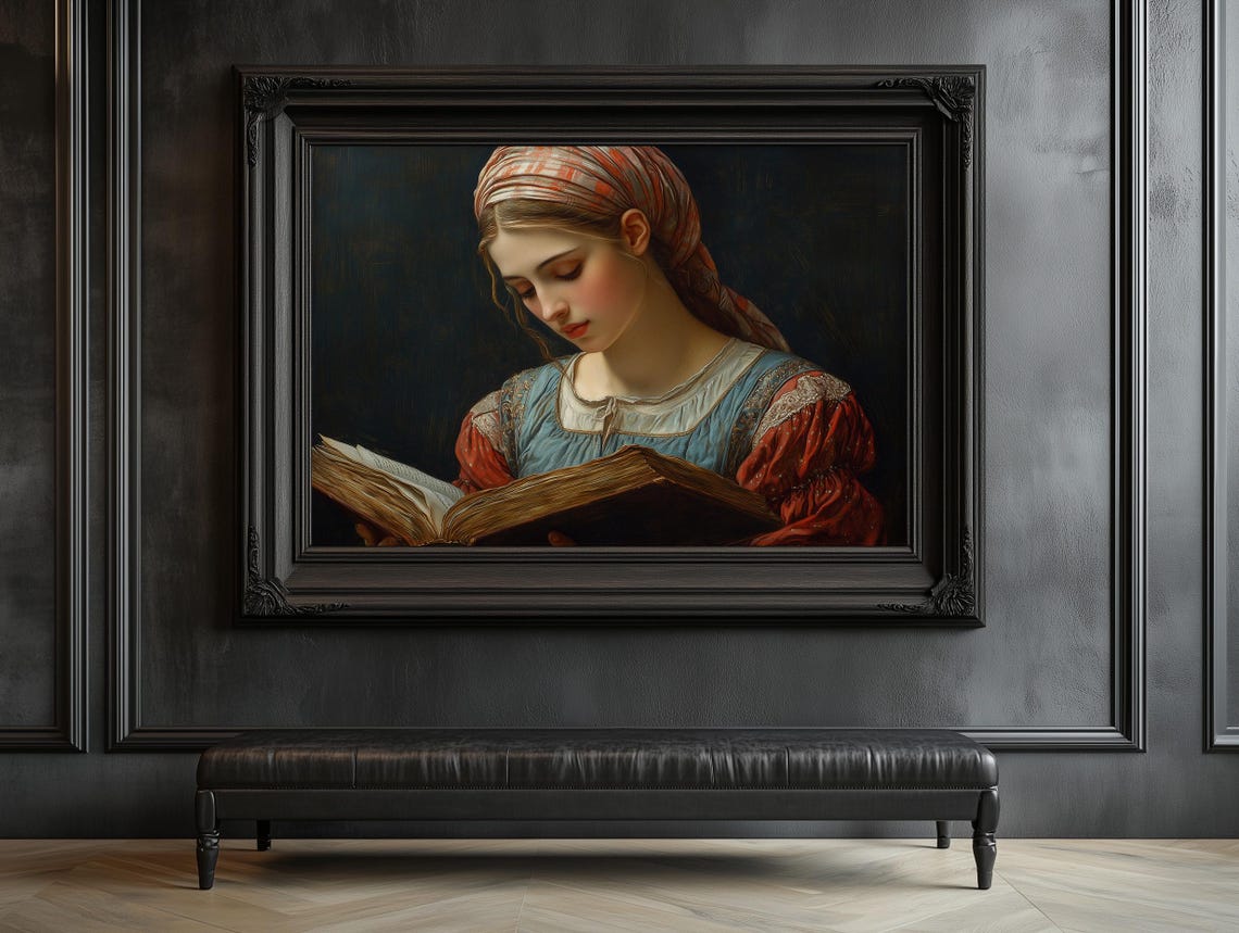Woman In Headscarf Reading Ancient Book By Soft Candlelit Glow Poster - Image 5