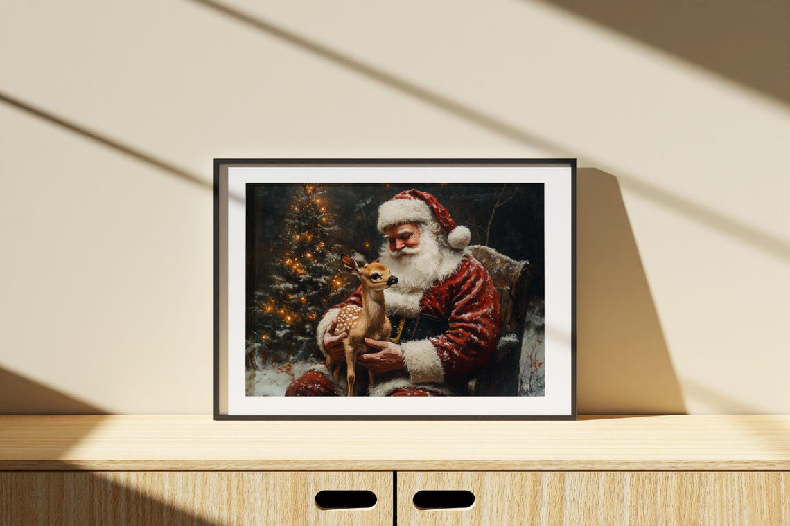 Santa Claus Holding Baby Deer Christmas Night Scene Painting Poster - Image 2