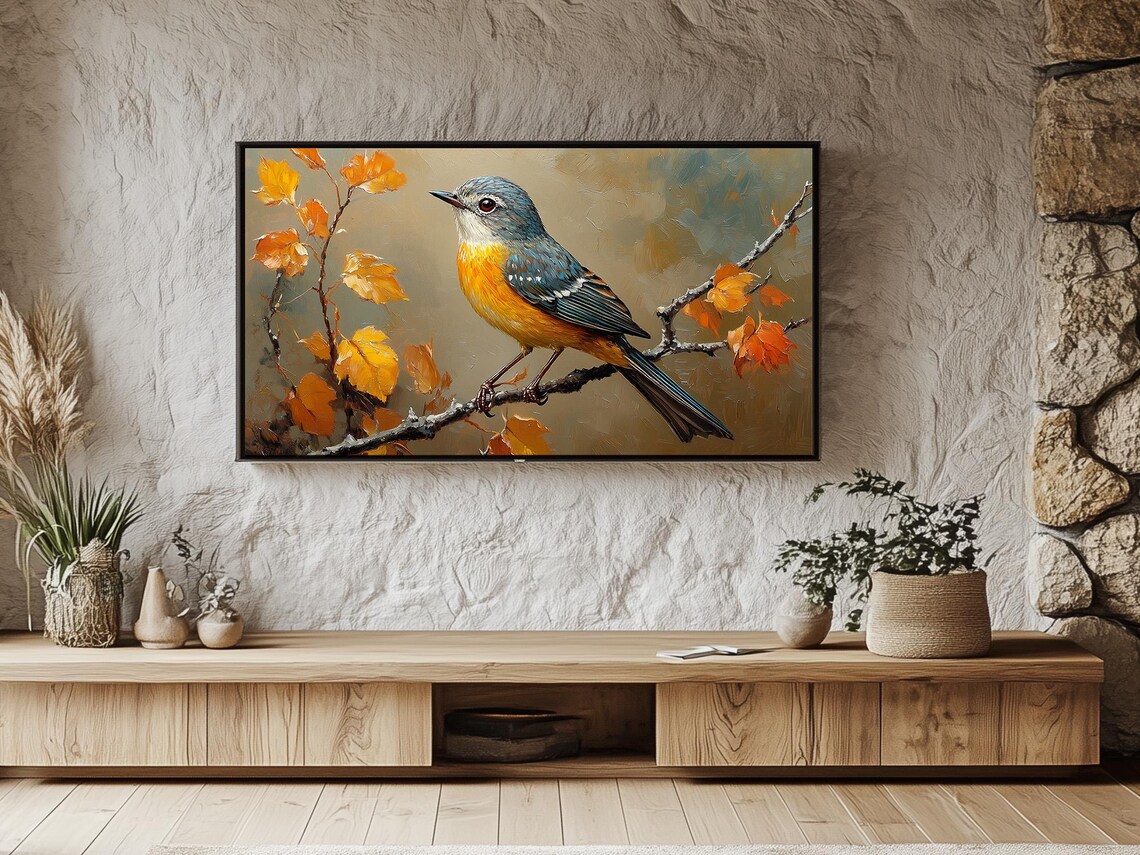 Orange Breasted Songbird On Branch With Autumn Leaves Oil Style Poster - Image 4