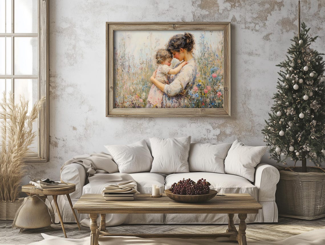 Mother Embracing Young Daughter In Blooming Wildflower Meadow Poster - Image 2