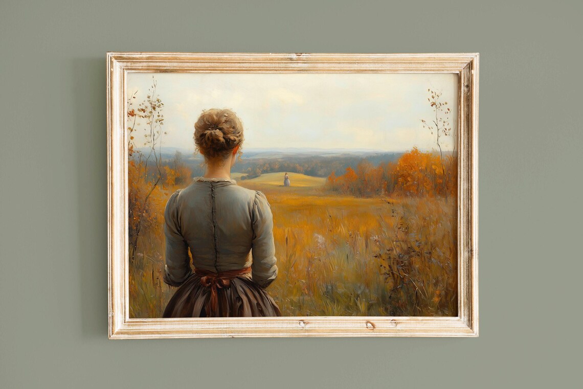 Woman Overlooking Golden Autumn Field With Distant Hill Figure Art Poster - Image 3
