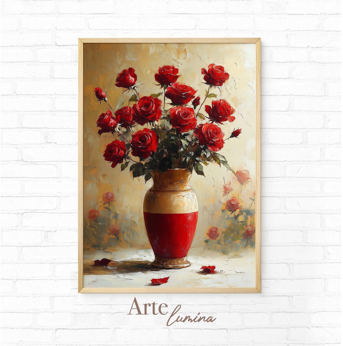 Bold Red Roses in a Red and Gold Vase Floral Still Life Poster