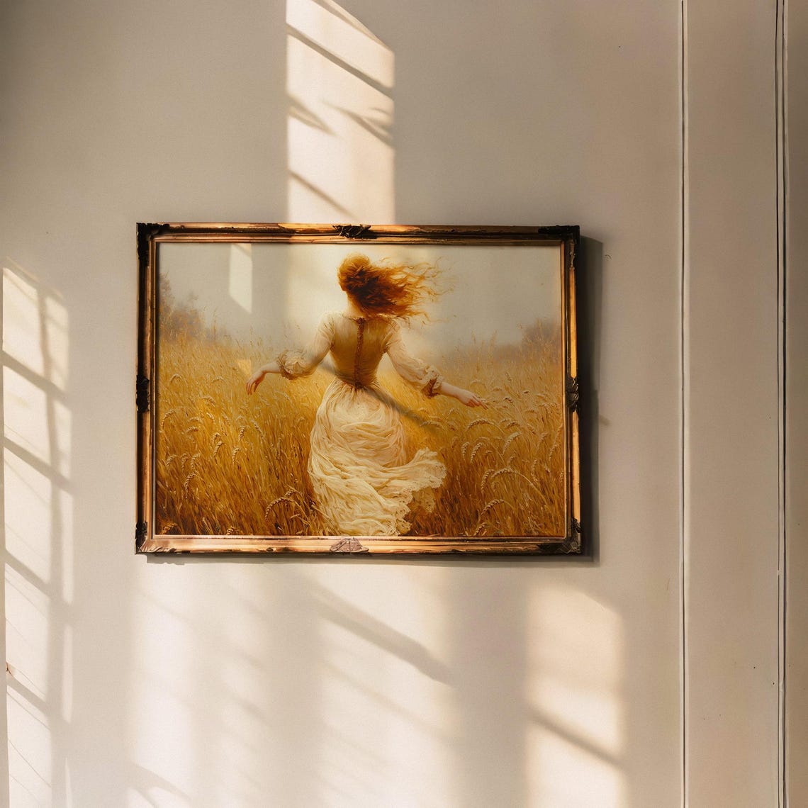 Red Haired Woman Running Through Golden Wheat Field Painting Poster - Image 5