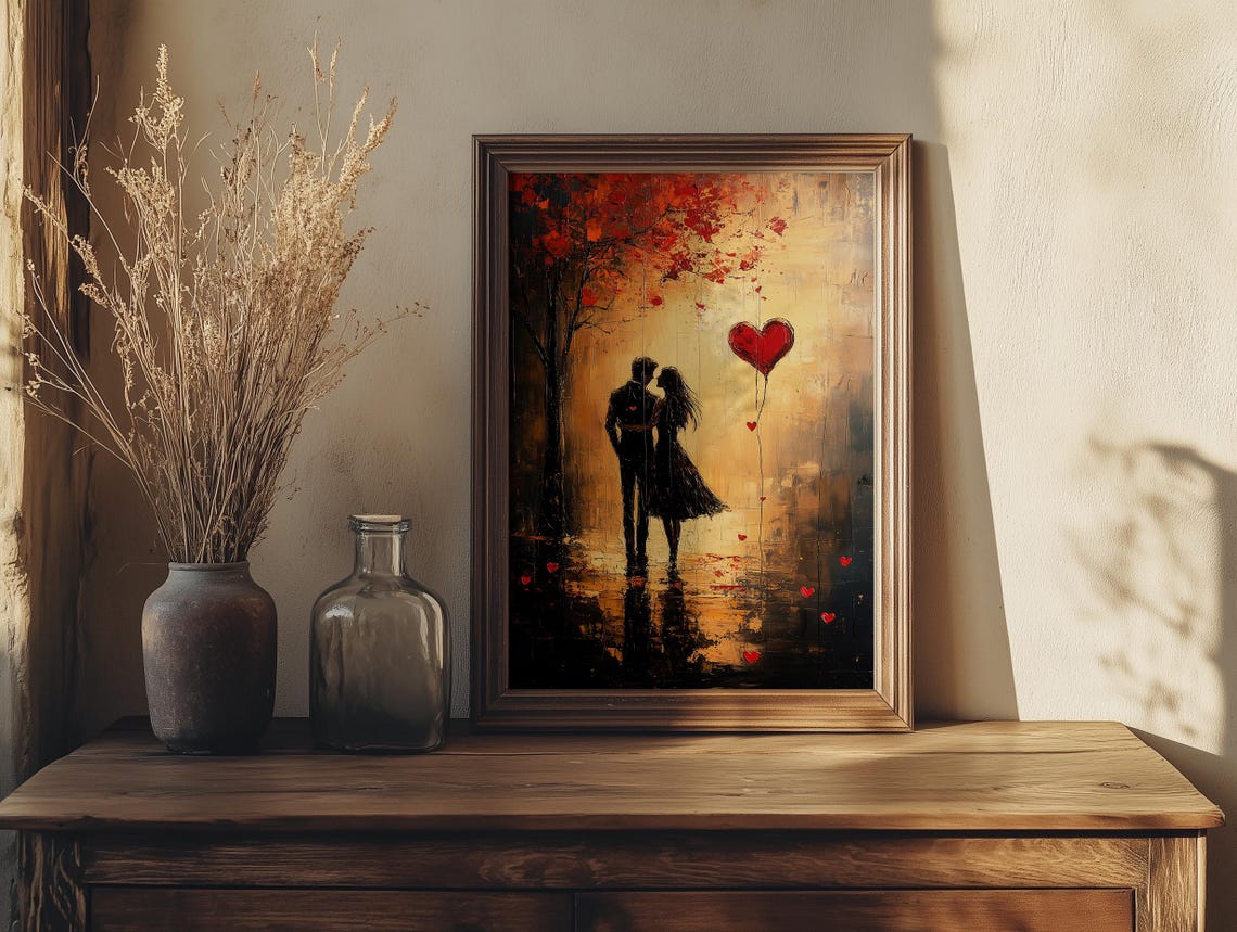 Romantic Lovers Silhouette with Red Heart Balloon Autumn Poster - Image 7