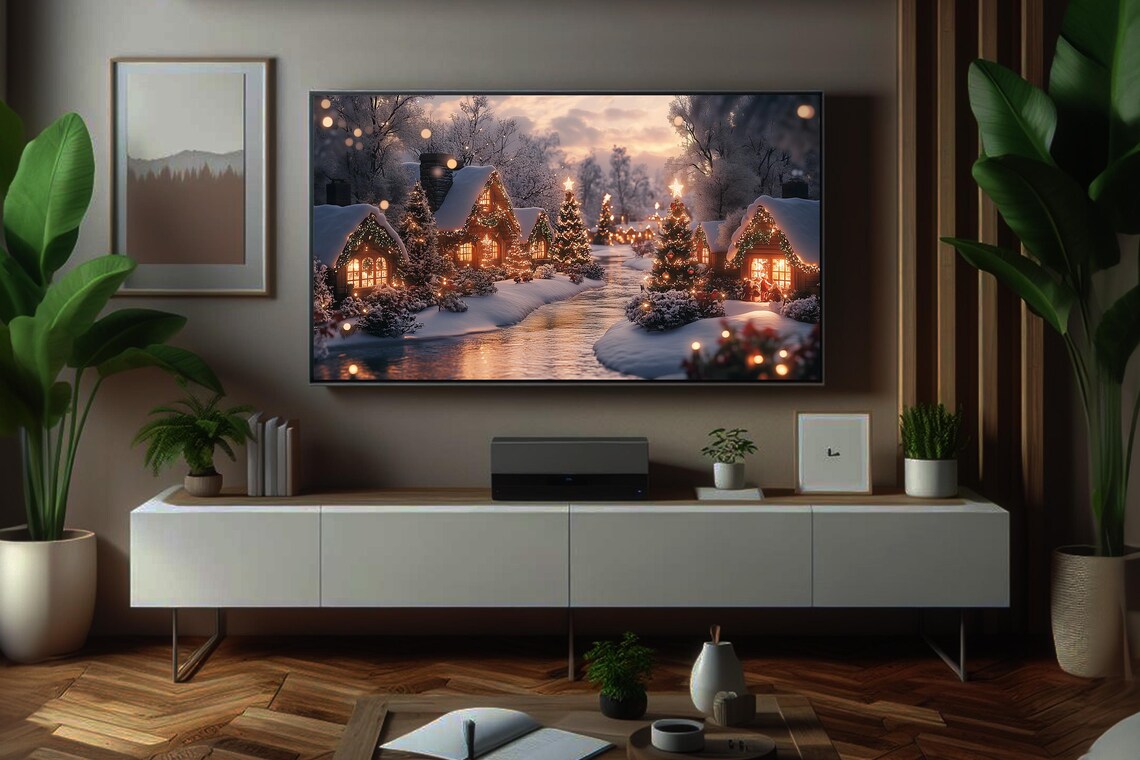 Snowy Christmas Village Cottages Along Frozen Canal At Dusk Art Poster - Image 6