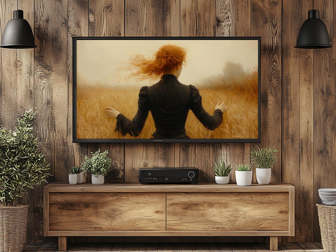 Red Haired Woman In Black Dress Walking Through Wheat Field Art Poster - Image 4