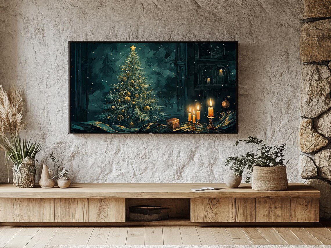 Christmas Still Life With Candles Small Tree Gifts And Moonlit Night Poster - Image 3